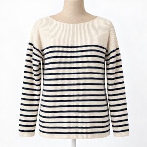 GAP Womens Merino Wool Striped Boatneck Sweater Size S Cream Navy Ribbed Preppy